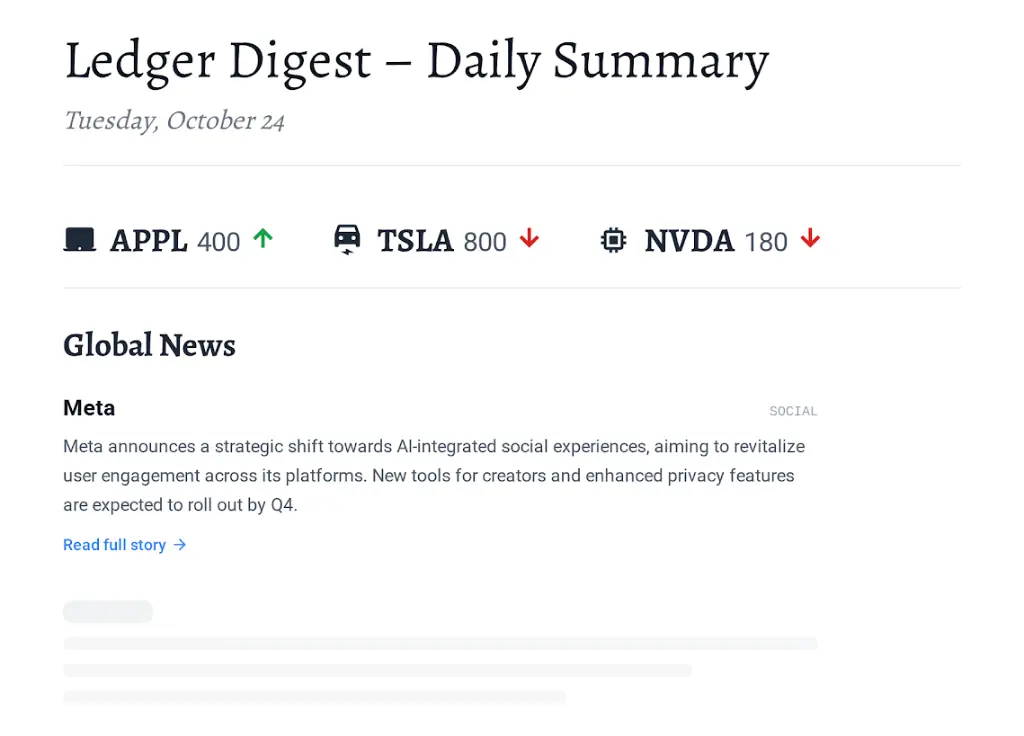 Ledger Digest daily email digest on mobile browser — personalized stock news summary